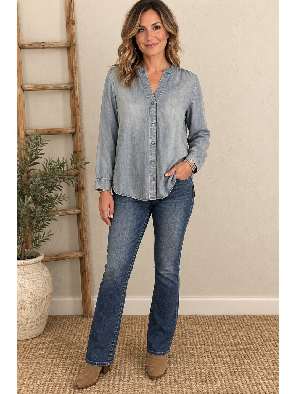 Cloth & Stone Anthropologie Tencel Lyocell Chambray Button Front Blouse Size S